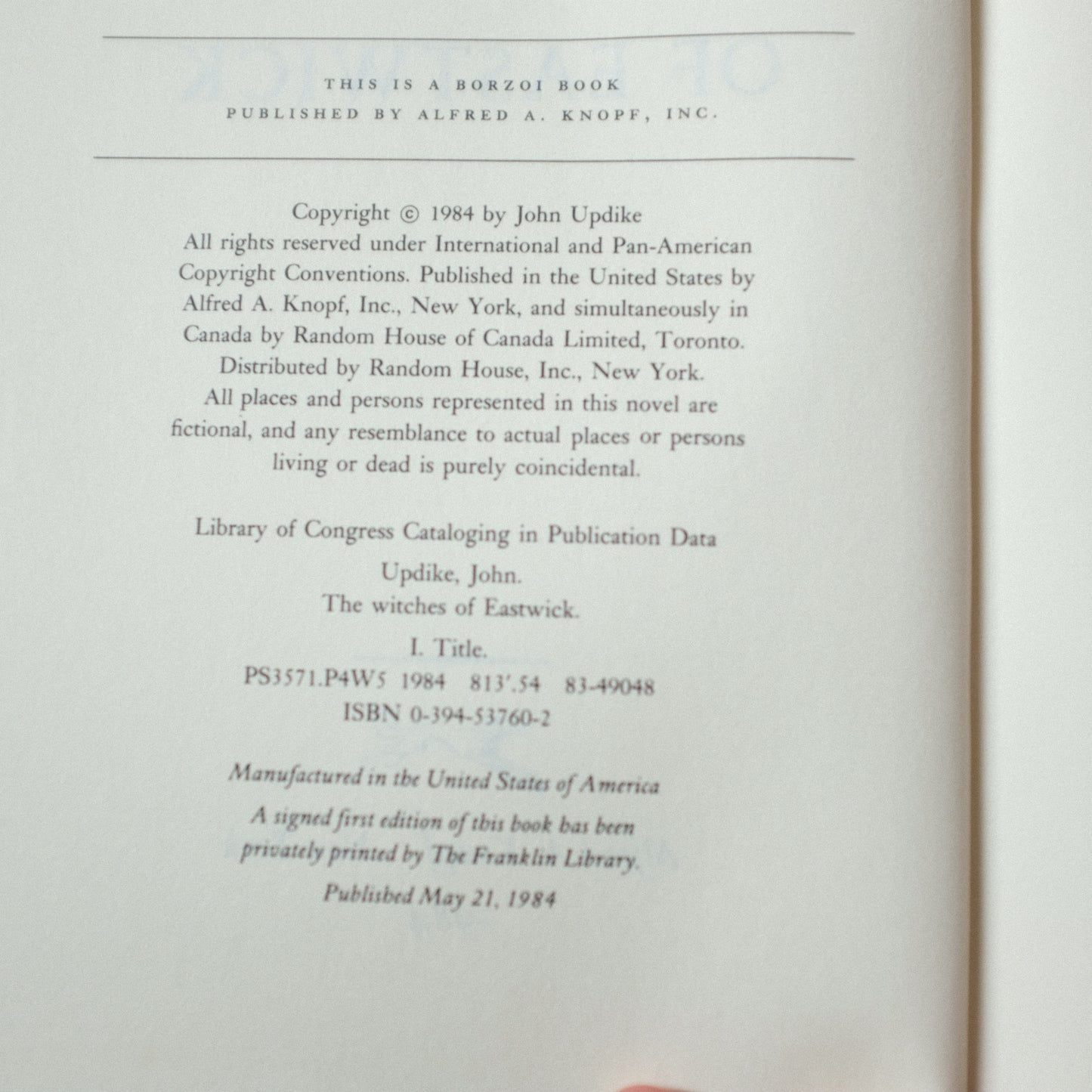 The Witches of Eastwick by John Updike (First Edition 1984)